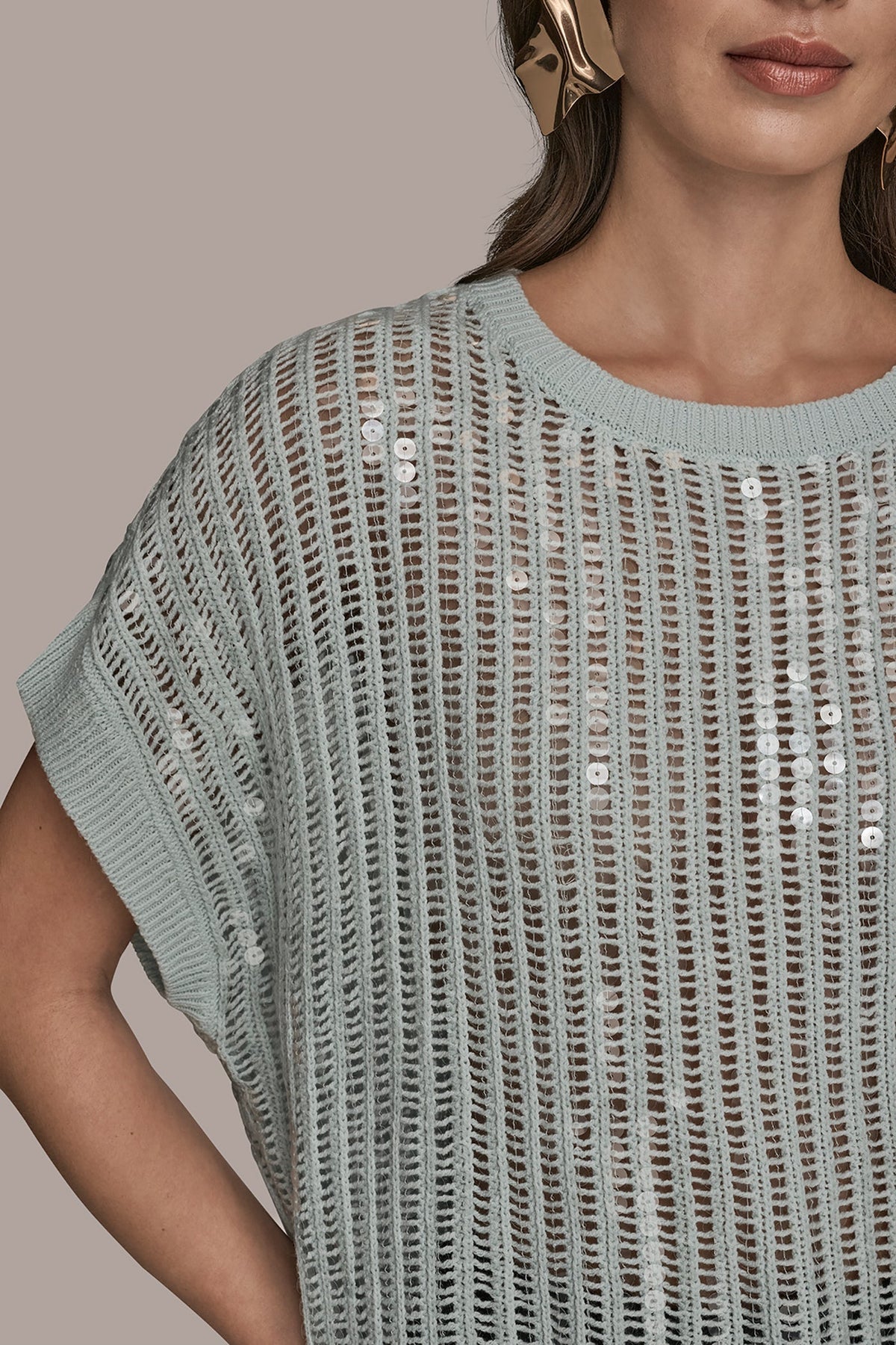 Donna Karan COTTON-BLEND SEQUIN OPEN-KNIT SWEATER