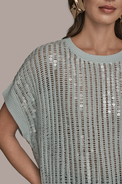 Donna Karan COTTON-BLEND SEQUIN OPEN-KNIT SWEATER