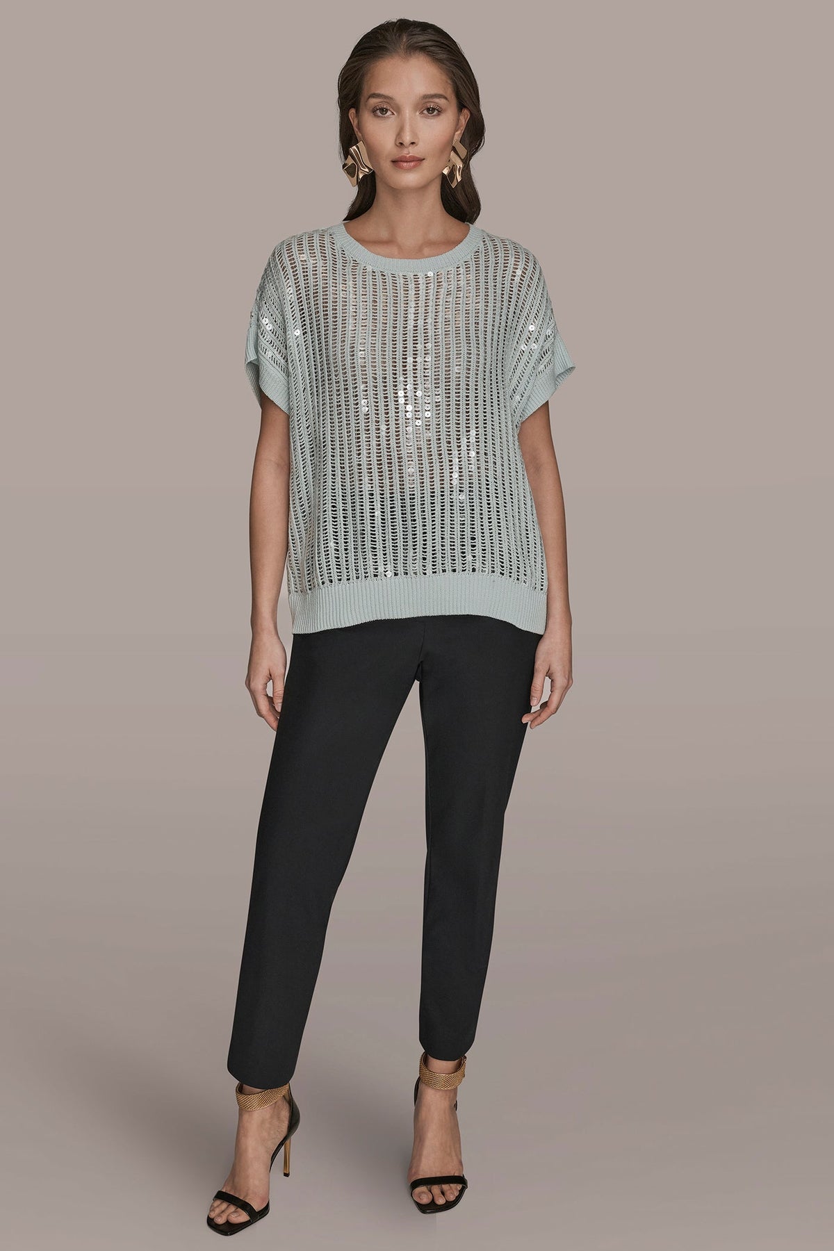 Donna Karan COTTON-BLEND SEQUIN OPEN-KNIT SWEATER