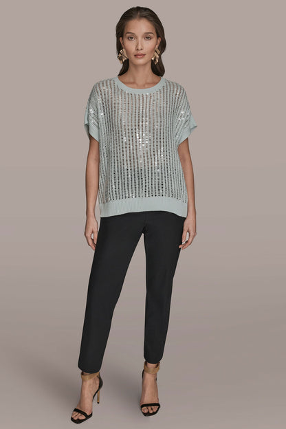 Donna Karan COTTON-BLEND SEQUIN OPEN-KNIT SWEATER