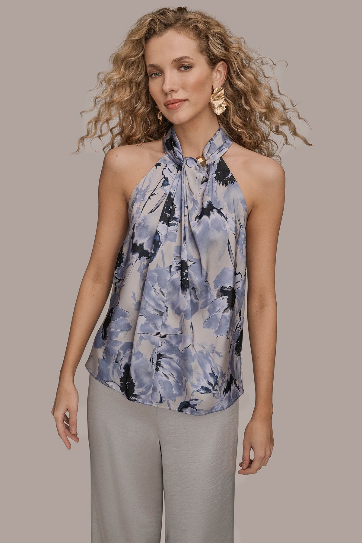 Donna Karan SATIN PRINTED TWIST HALTER BLOUSE