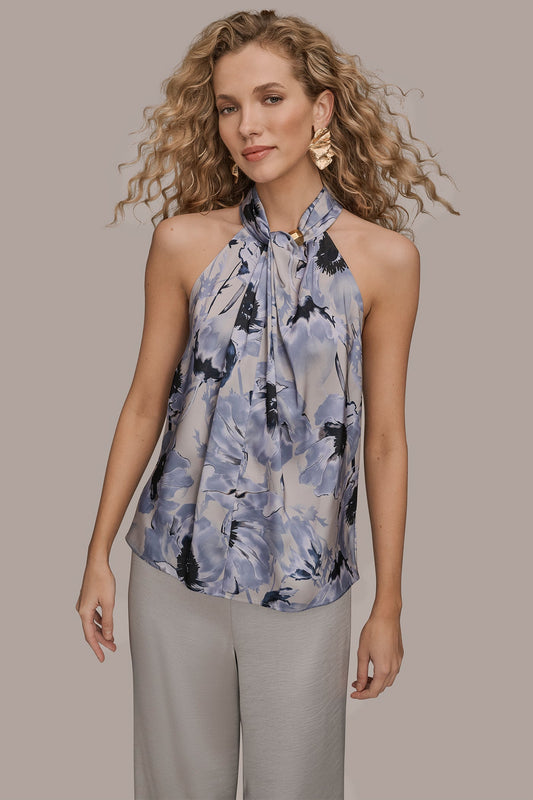 Donna Karan SATIN PRINTED TWIST HALTER BLOUSE