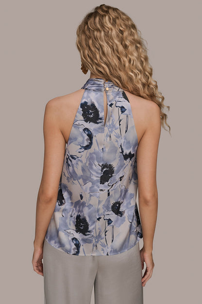 Donna Karan SATIN PRINTED TWIST HALTER BLOUSE