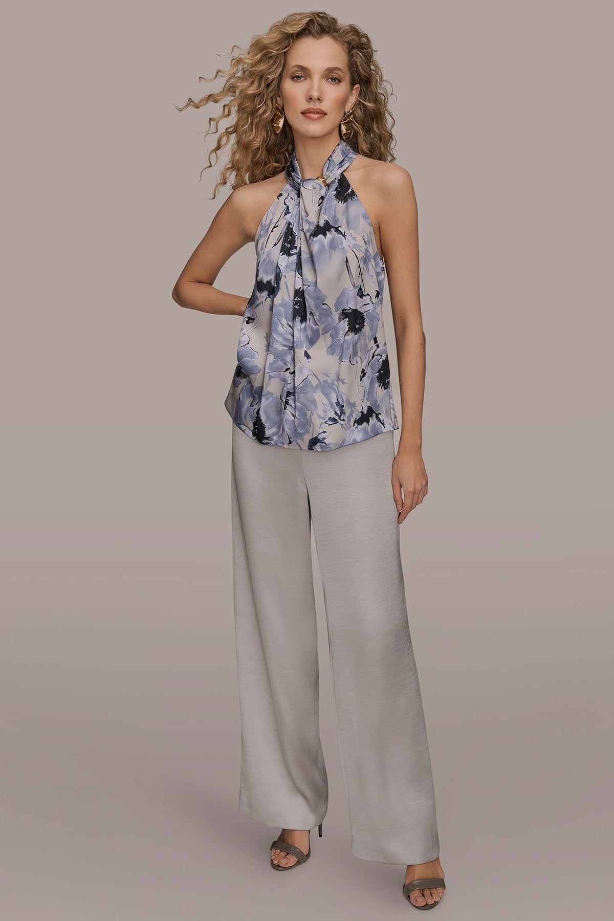 Donna Karan SATIN PRINTED TWIST HALTER BLOUSE
