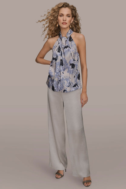 Donna Karan SATIN PRINTED TWIST HALTER BLOUSE