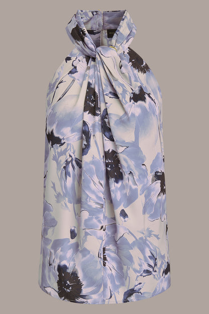 Donna Karan SATIN PRINTED TWIST HALTER BLOUSE