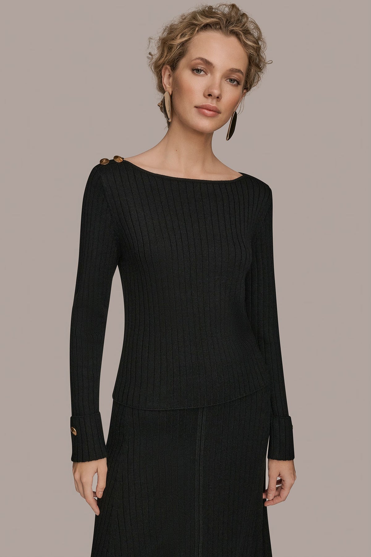 Donna Karan LONG SLEEVE BOATNECK RIBBED BUTTON SWEATER