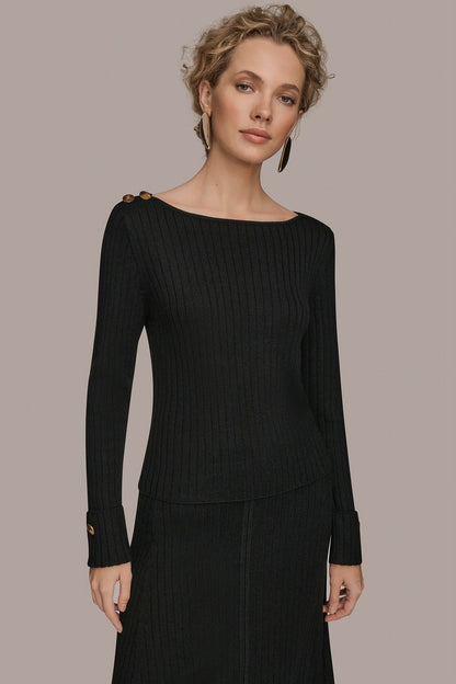 Donna Karan LONG SLEEVE BOATNECK RIBBED BUTTON SWEATER