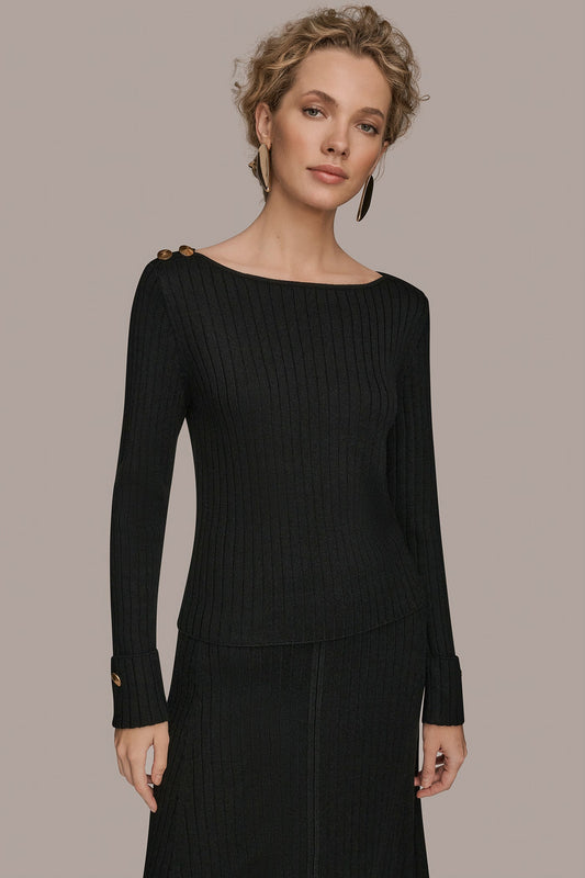 Donna Karan LONG SLEEVE BOATNECK RIBBED BUTTON SWEATER