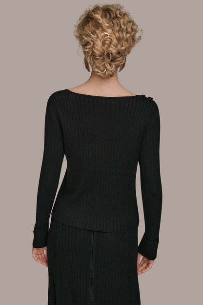 Donna Karan LONG SLEEVE BOATNECK RIBBED BUTTON SWEATER