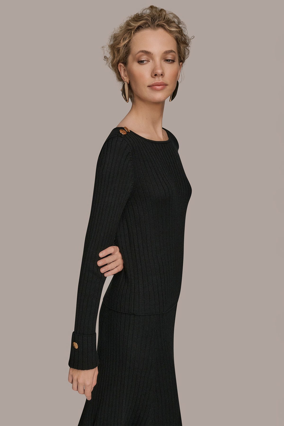 Donna Karan LONG SLEEVE BOATNECK RIBBED BUTTON SWEATER