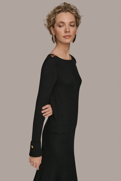 Donna Karan LONG SLEEVE BOATNECK RIBBED BUTTON SWEATER