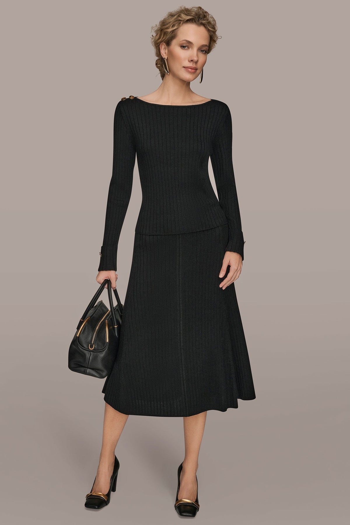 Donna Karan LONG SLEEVE BOATNECK RIBBED BUTTON SWEATER