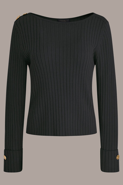 Donna Karan LONG SLEEVE BOATNECK RIBBED BUTTON SWEATER