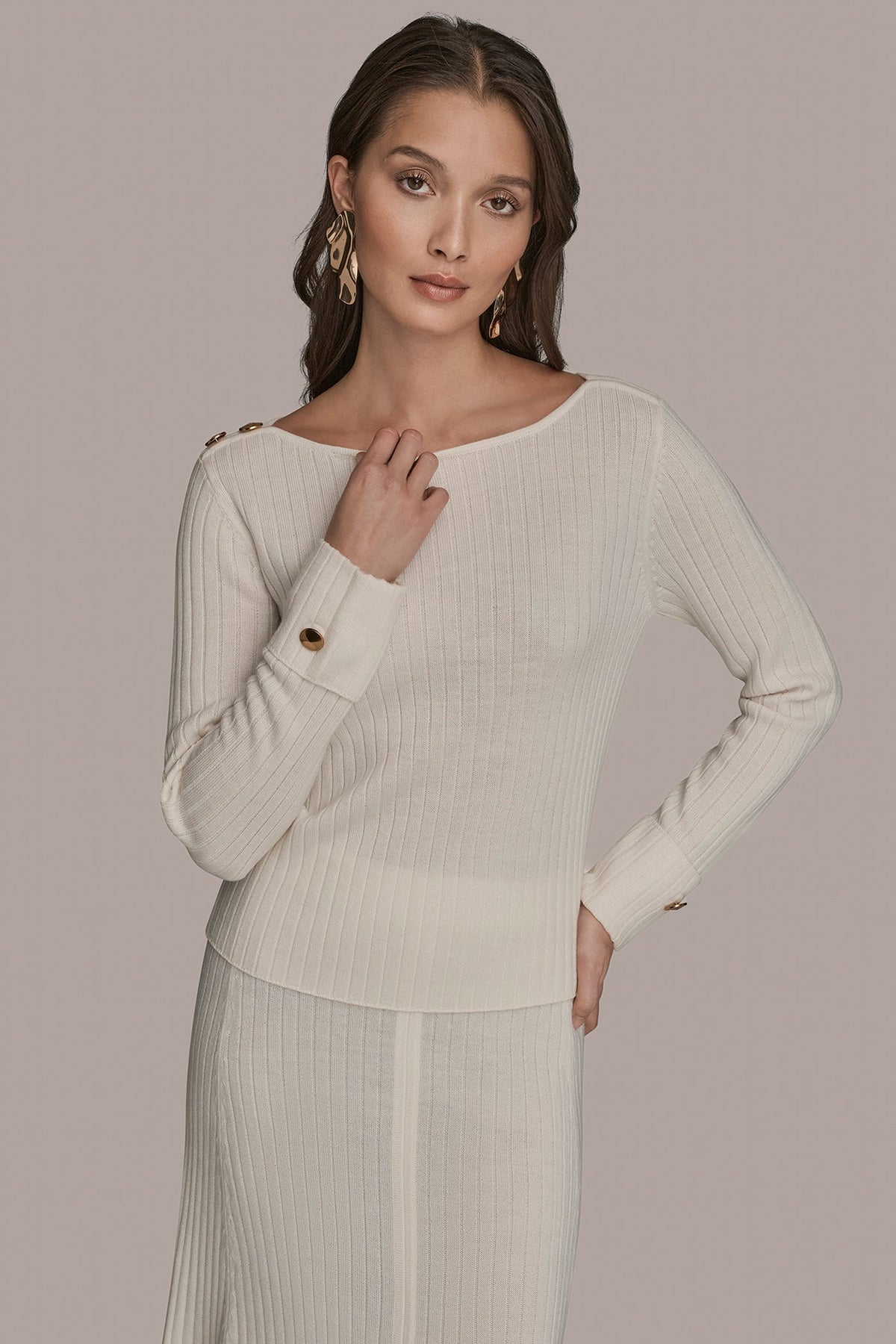 Donna Karan LONG SLEEVE BOATNECK RIBBED BUTTON SWEATER