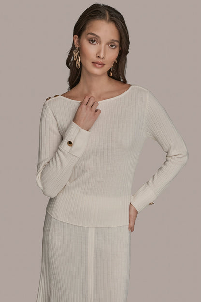 Donna Karan LONG SLEEVE BOATNECK RIBBED BUTTON SWEATER