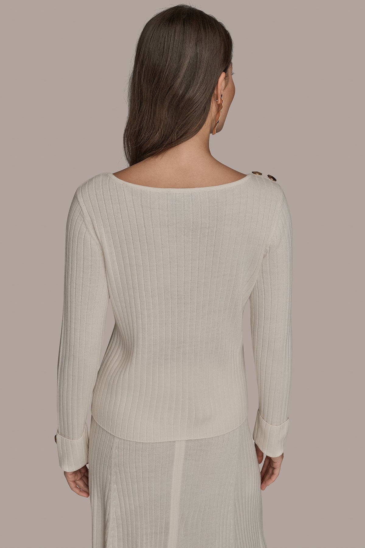 Donna Karan LONG SLEEVE BOATNECK RIBBED BUTTON SWEATER