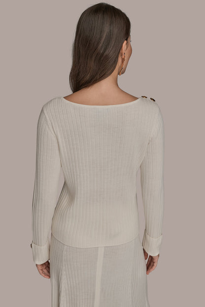 Donna Karan LONG SLEEVE BOATNECK RIBBED BUTTON SWEATER
