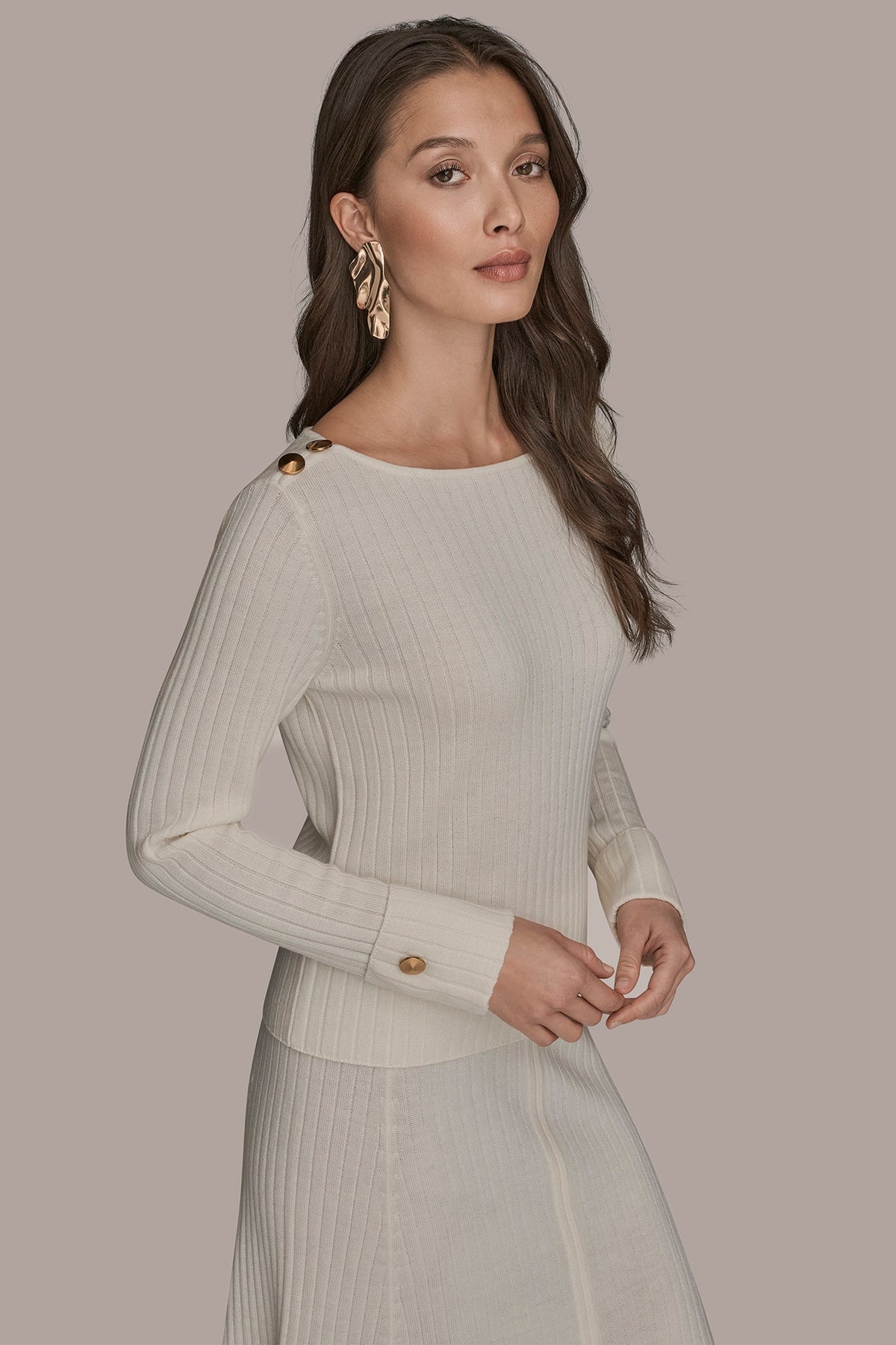 Donna Karan LONG SLEEVE BOATNECK RIBBED BUTTON SWEATER