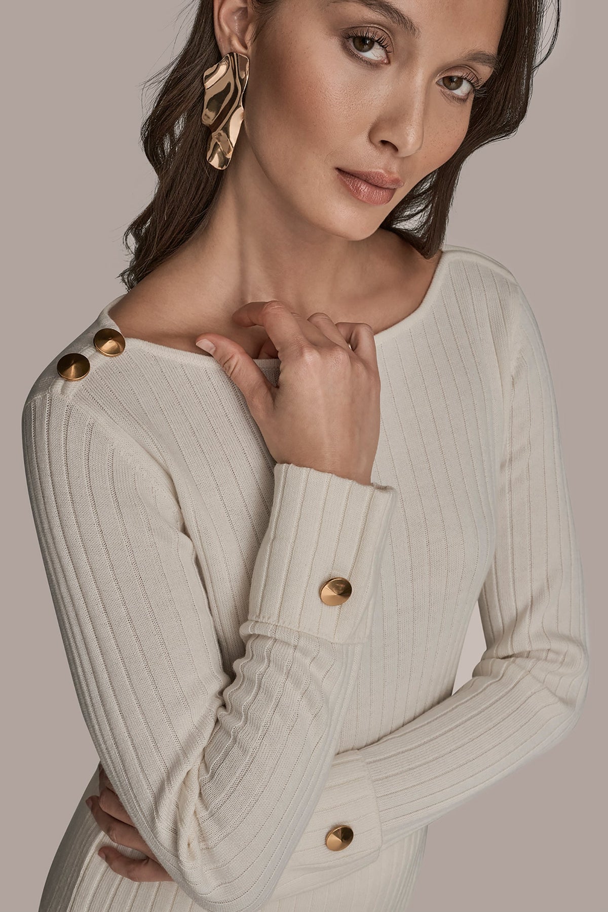 Donna Karan LONG SLEEVE BOATNECK RIBBED BUTTON SWEATER
