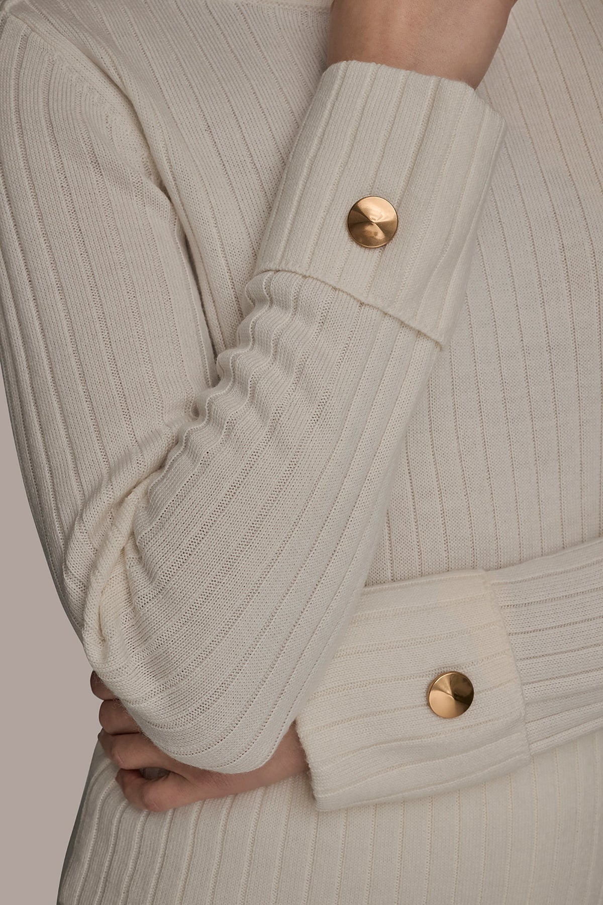Donna Karan LONG SLEEVE BOATNECK RIBBED BUTTON SWEATER
