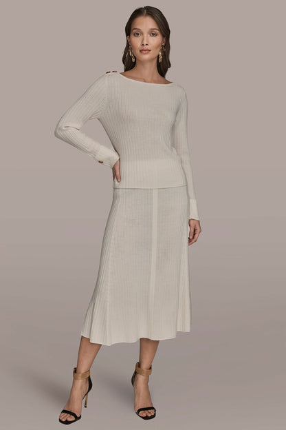 Donna Karan LONG SLEEVE BOATNECK RIBBED BUTTON SWEATER