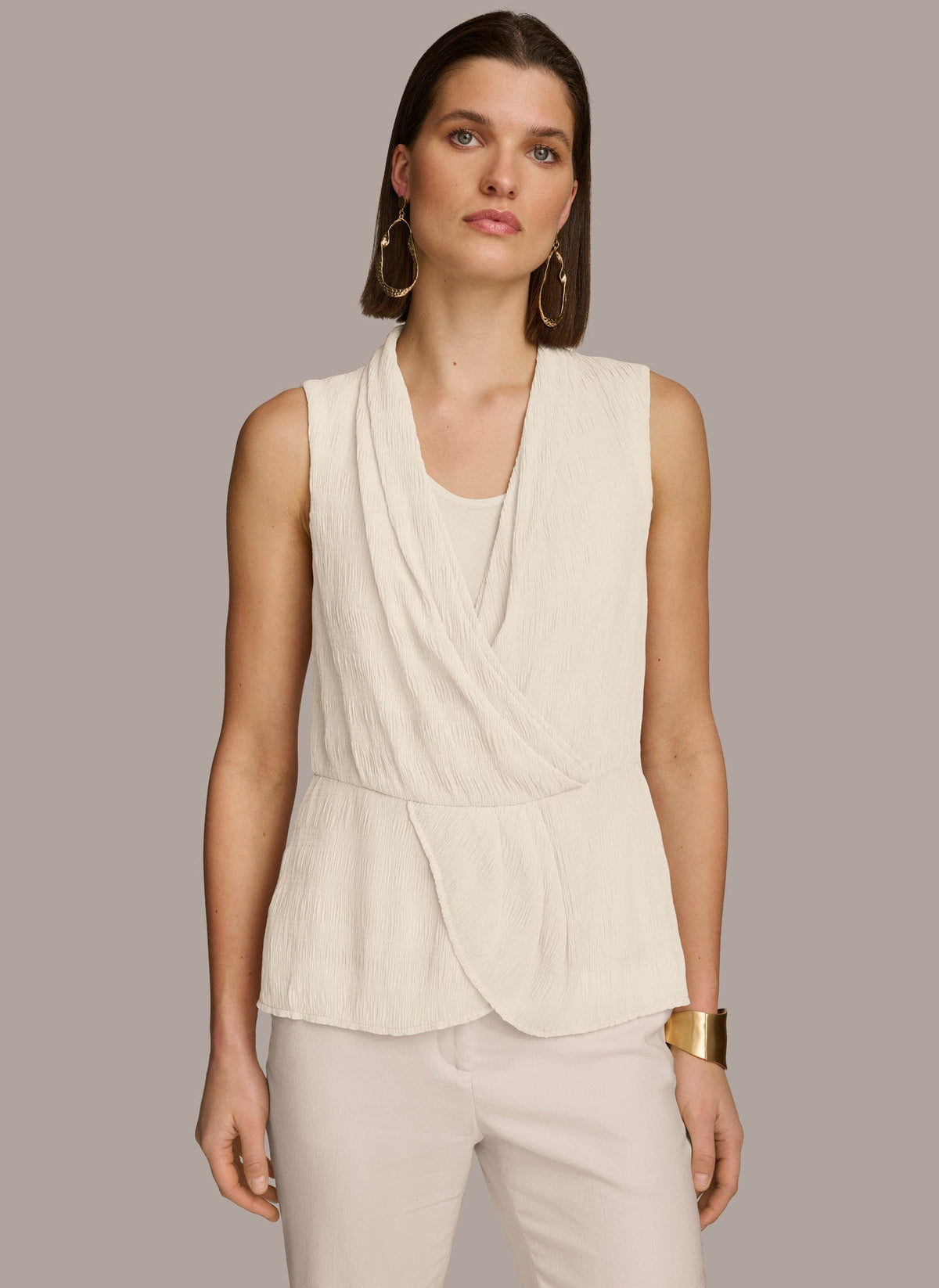 Donna Karan FAUX WRAP PEPLUM TOP