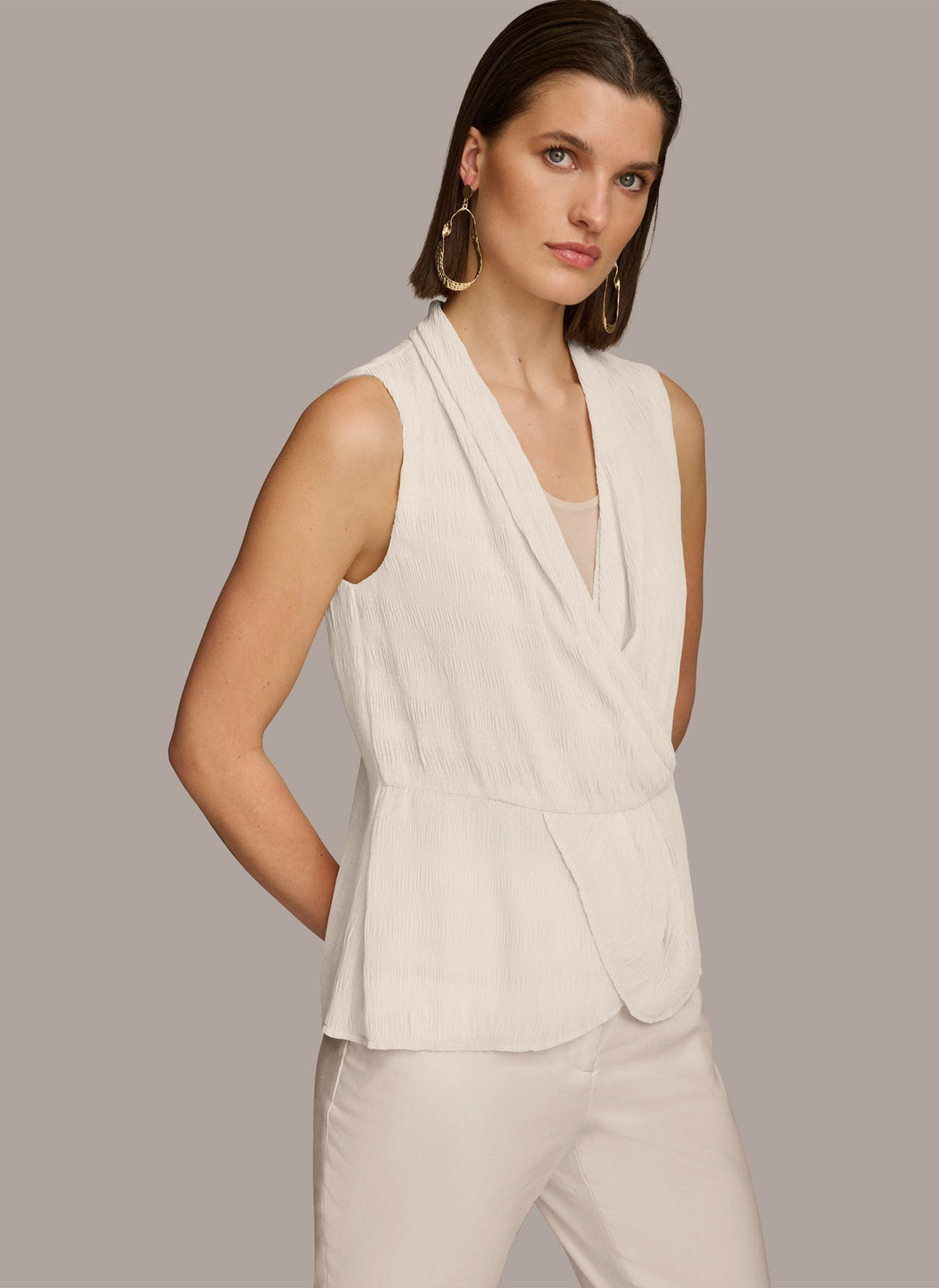 Donna Karan FAUX WRAP PEPLUM TOP