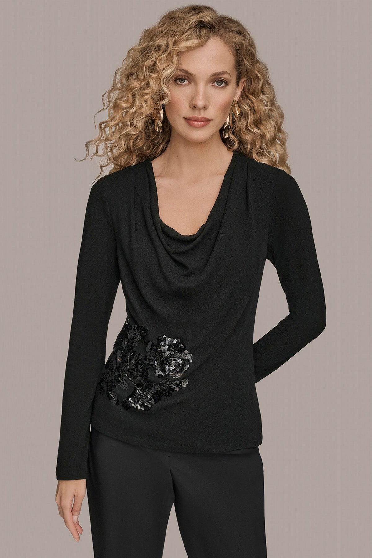 Donna Karan LONG-SLEEVE COWL-NECK FLORAL TOP
