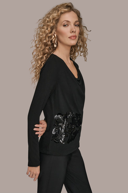 Donna Karan LONG-SLEEVE COWL-NECK FLORAL TOP