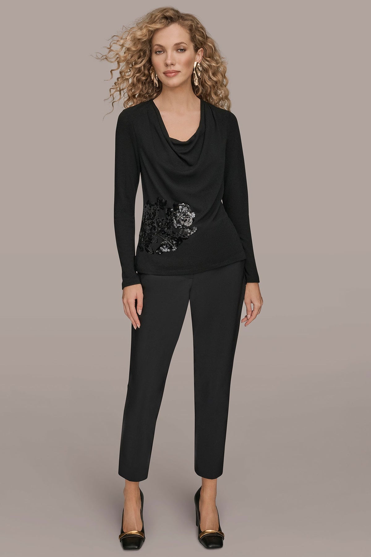 Donna Karan LONG-SLEEVE COWL-NECK FLORAL TOP