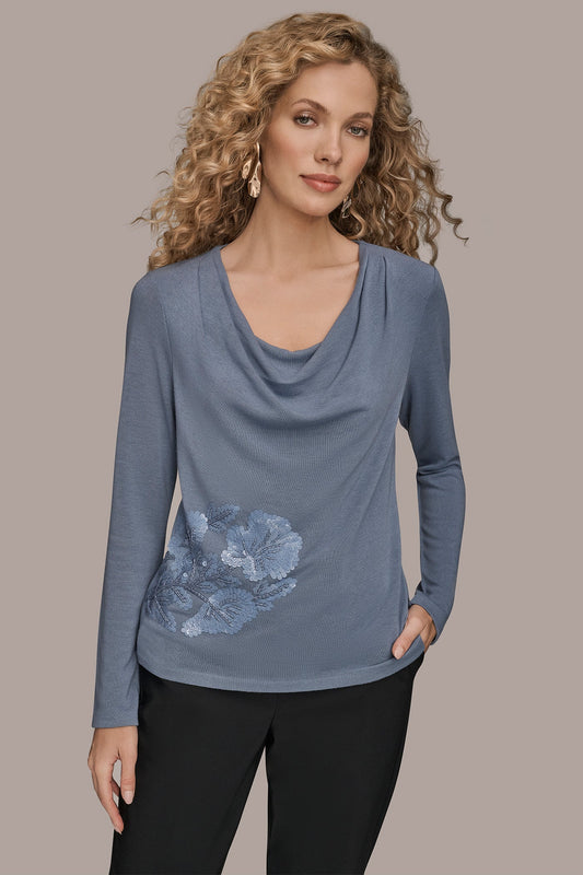 Donna Karan LONG-SLEEVE COWL-NECK FLORAL TOP