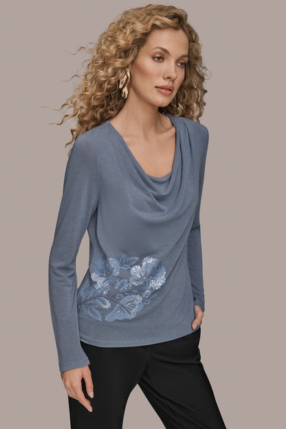 Donna Karan LONG-SLEEVE COWL-NECK FLORAL TOP