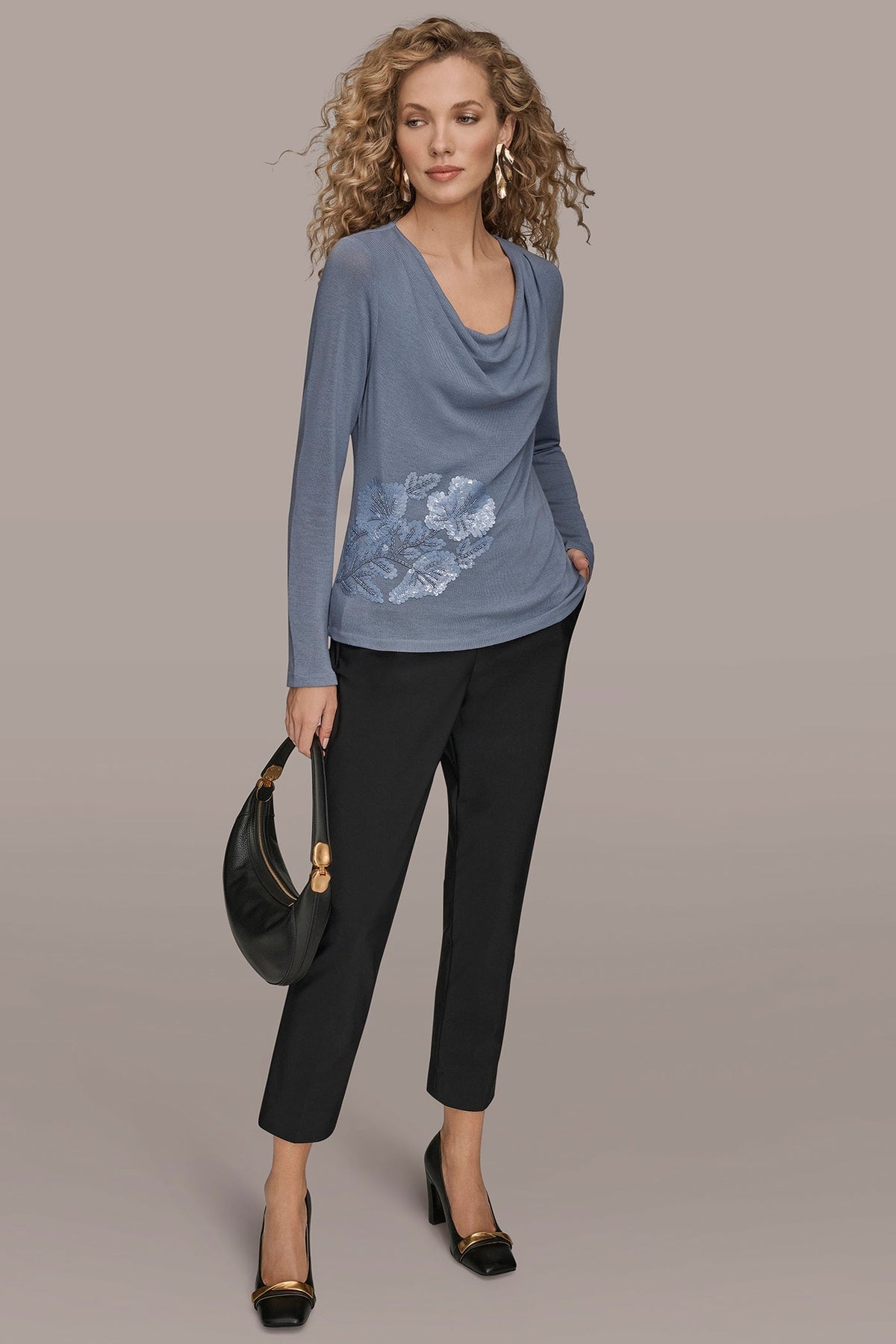 Donna Karan LONG-SLEEVE COWL-NECK FLORAL TOP
