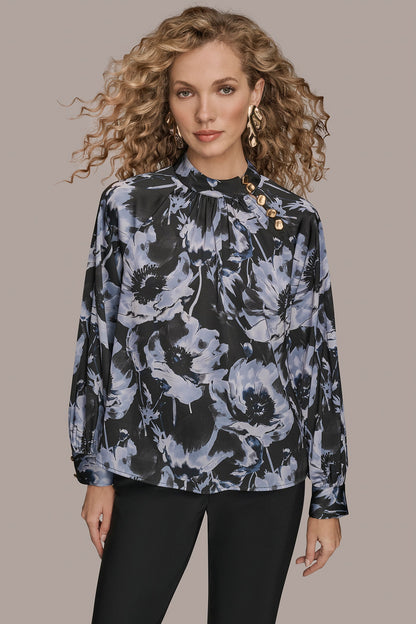 Donna Karan BUTTON-NECK BLOUSE