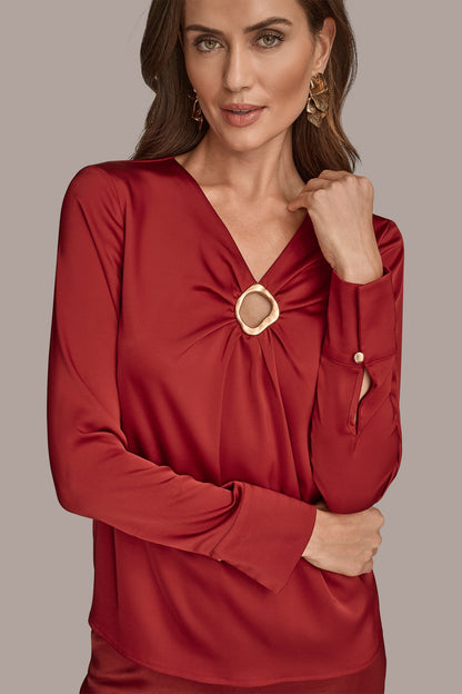 Donna Karan LONG SLEEVE RING V-NECK BLOUSE