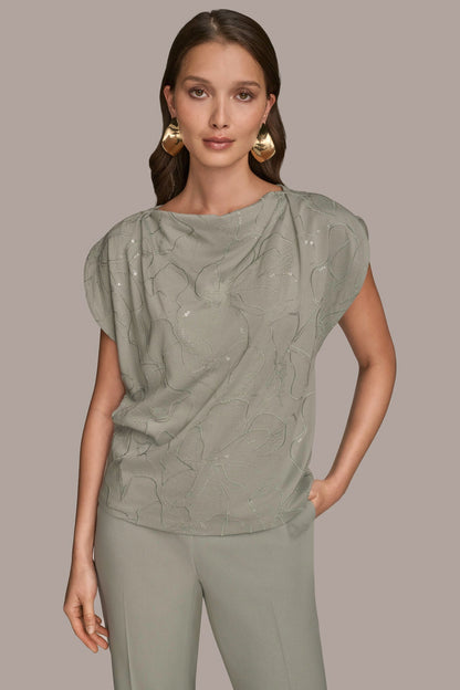 Donna Karan SHORT SLEEVE COWL-NECK SEQUIN TOP
