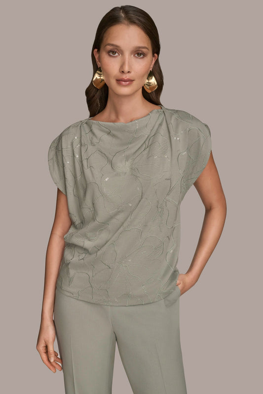 Donna Karan SHORT SLEEVE COWL-NECK SEQUIN TOP