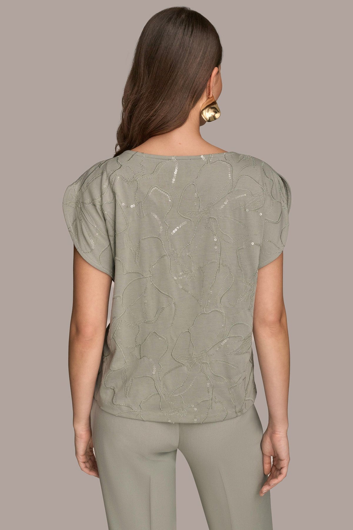 Donna Karan SHORT SLEEVE COWL-NECK SEQUIN TOP