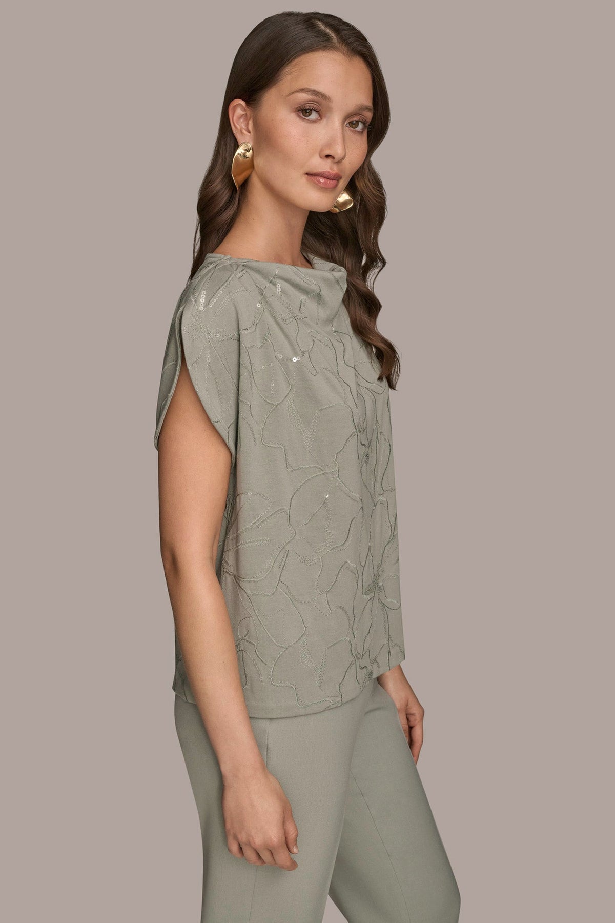 Donna Karan SHORT SLEEVE COWL-NECK SEQUIN TOP