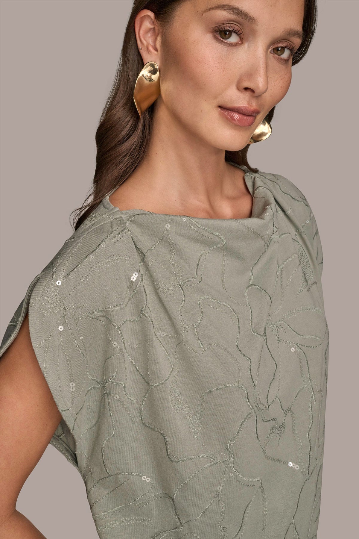 Donna Karan SHORT SLEEVE COWL-NECK SEQUIN TOP