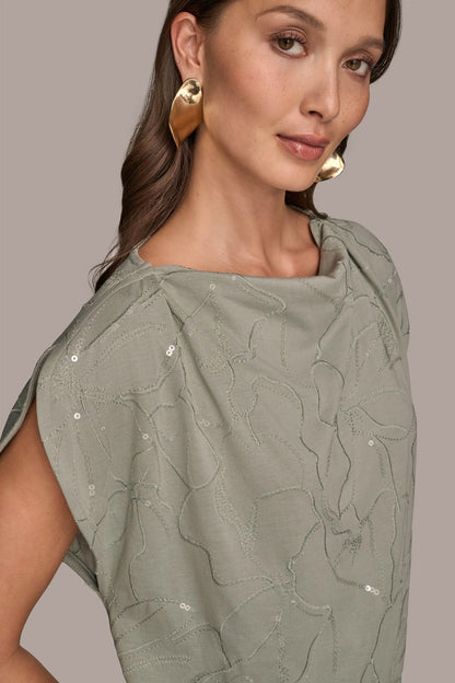 Donna Karan SHORT SLEEVE COWL-NECK SEQUIN TOP