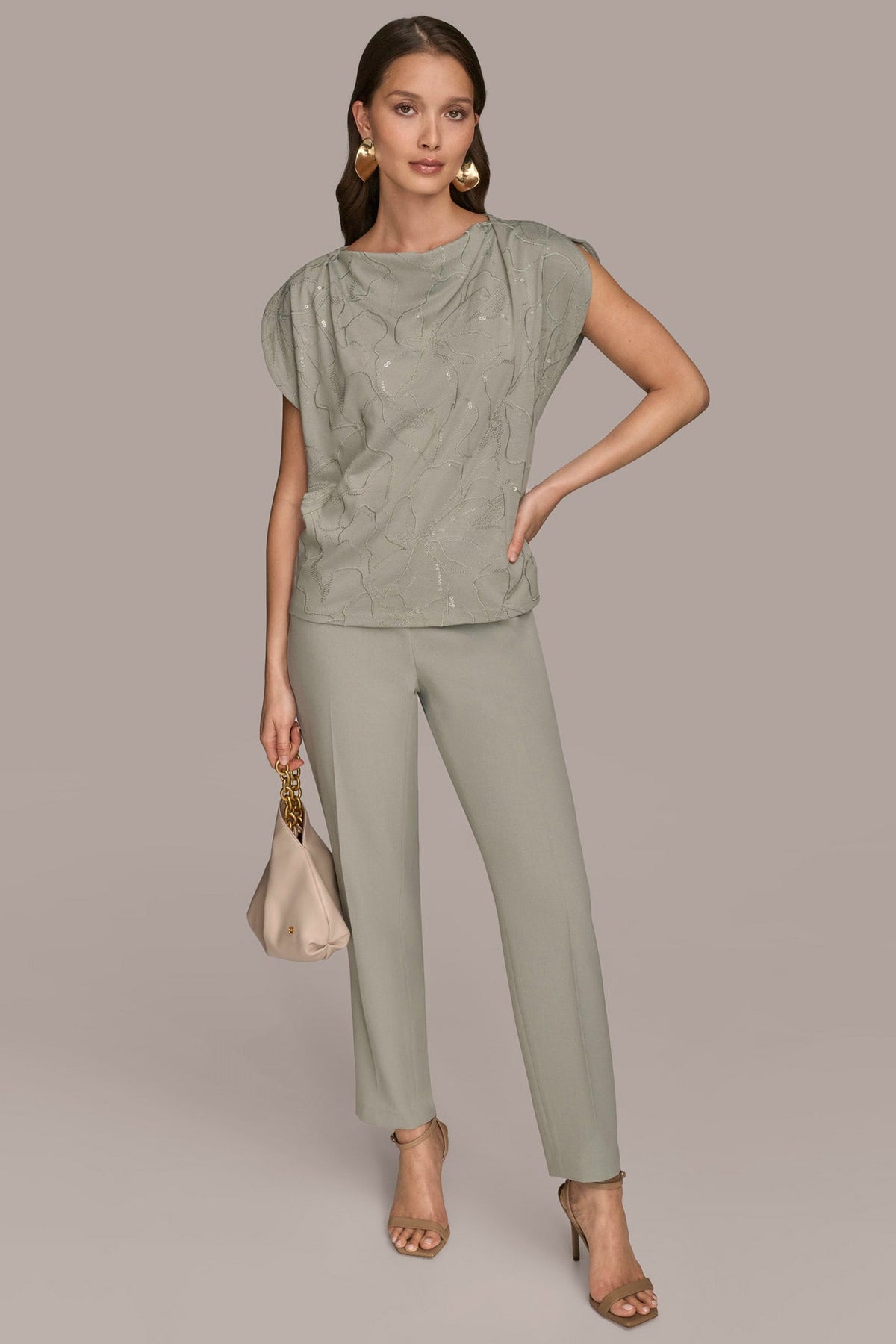 Donna Karan SHORT SLEEVE COWL-NECK SEQUIN TOP