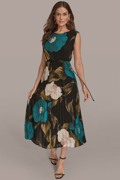 Donna Karan CHIFFON FLORAL PLEATED MAXI DRESS
