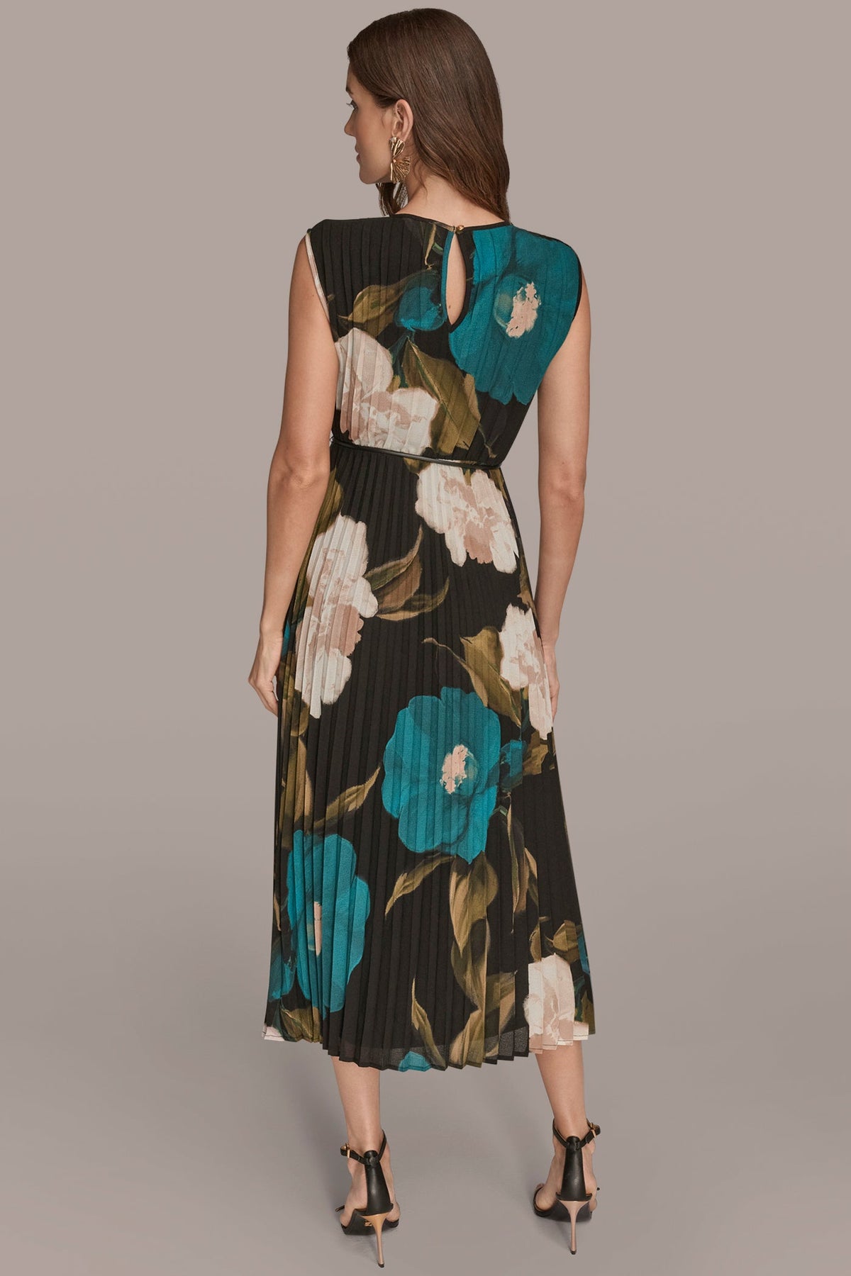 Donna Karan CHIFFON FLORAL PLEATED MAXI DRESS