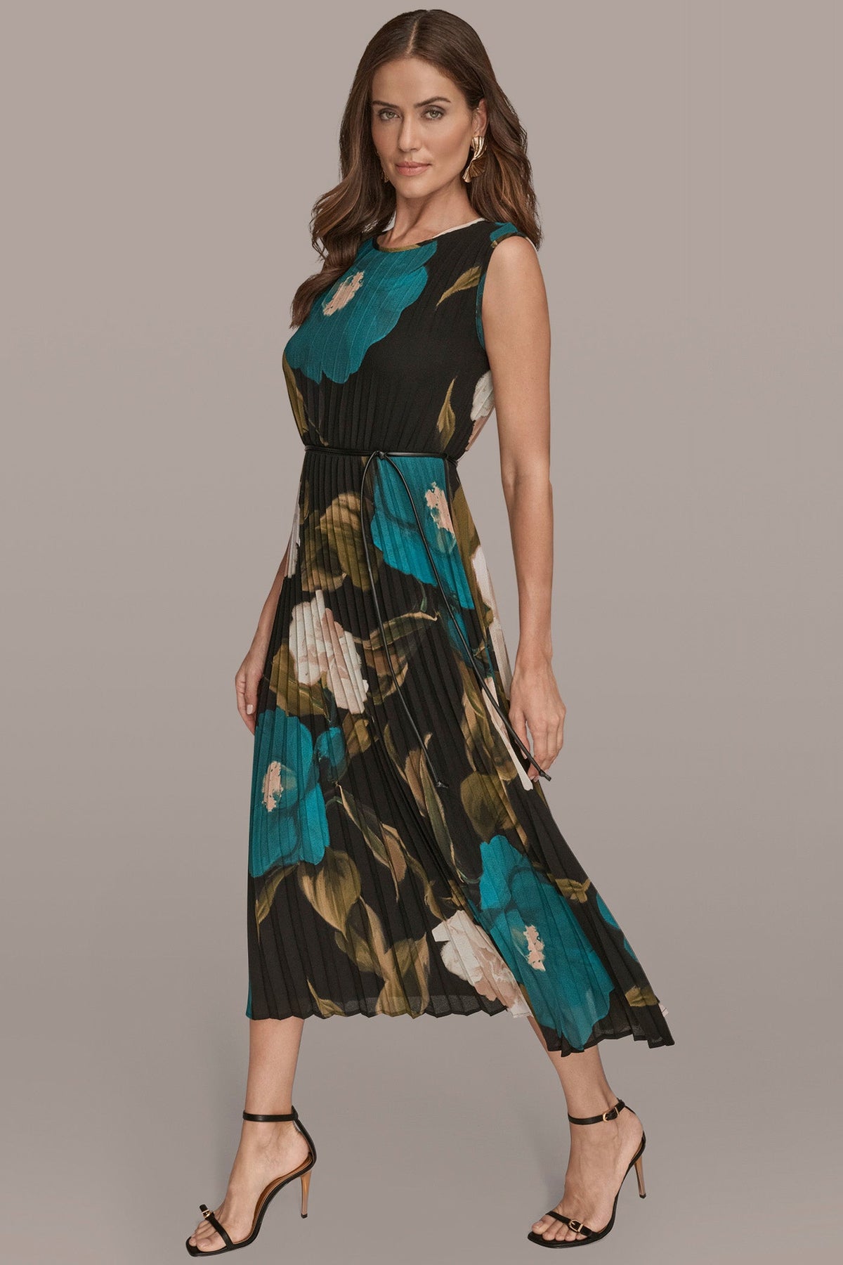 Donna Karan CHIFFON FLORAL PLEATED MAXI DRESS