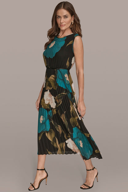 Donna Karan CHIFFON FLORAL PLEATED MAXI DRESS