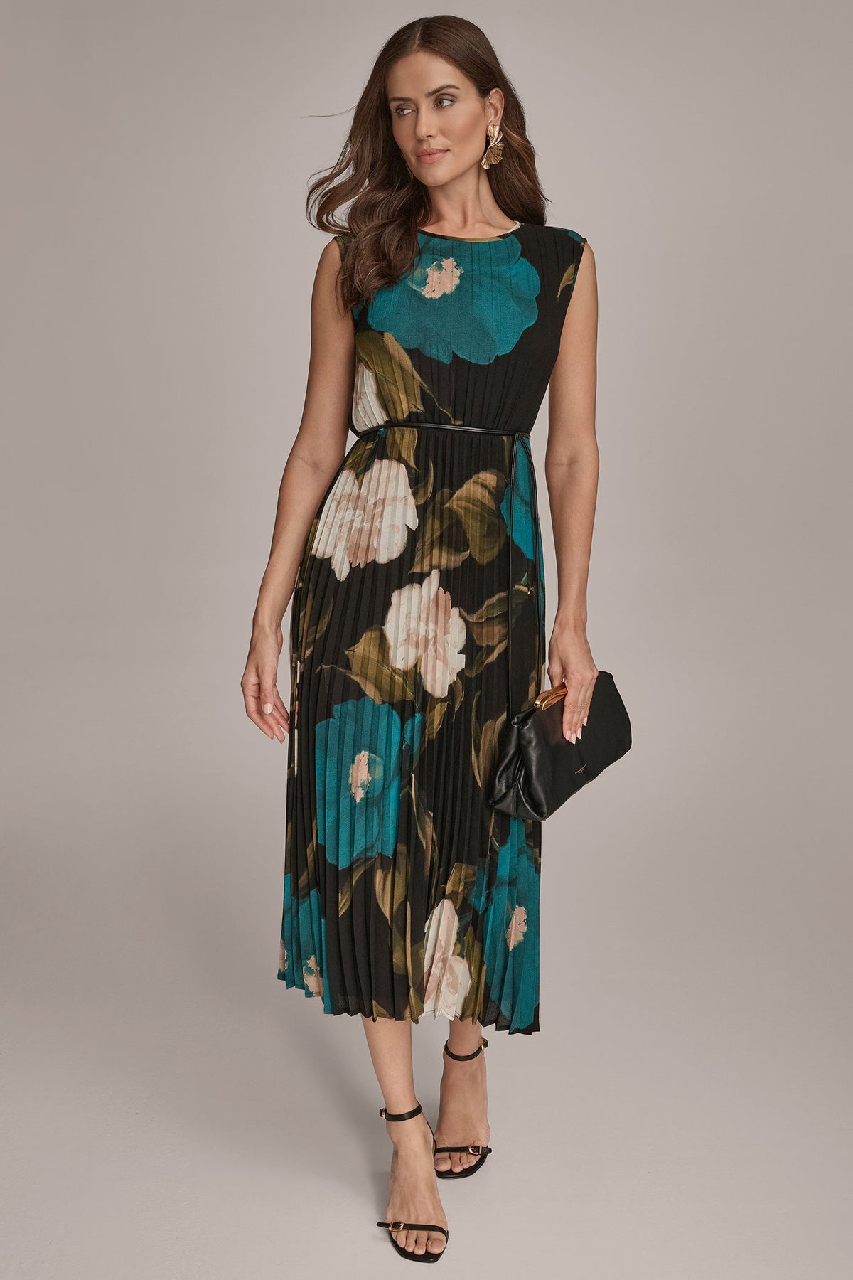 Donna Karan CHIFFON FLORAL PLEATED MAXI DRESS