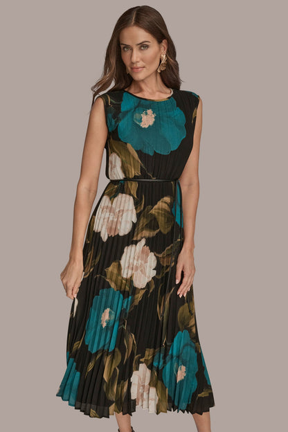 Donna Karan CHIFFON FLORAL PLEATED MAXI DRESS