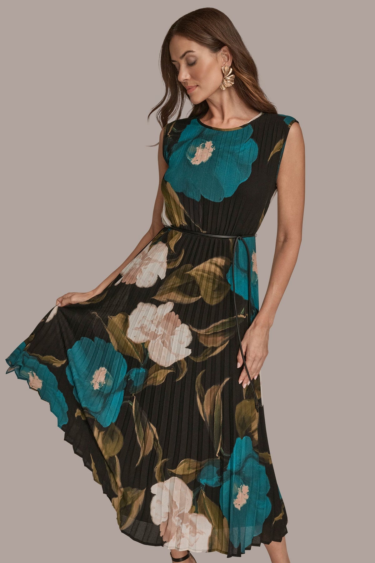 Donna Karan CHIFFON FLORAL PLEATED MAXI DRESS
